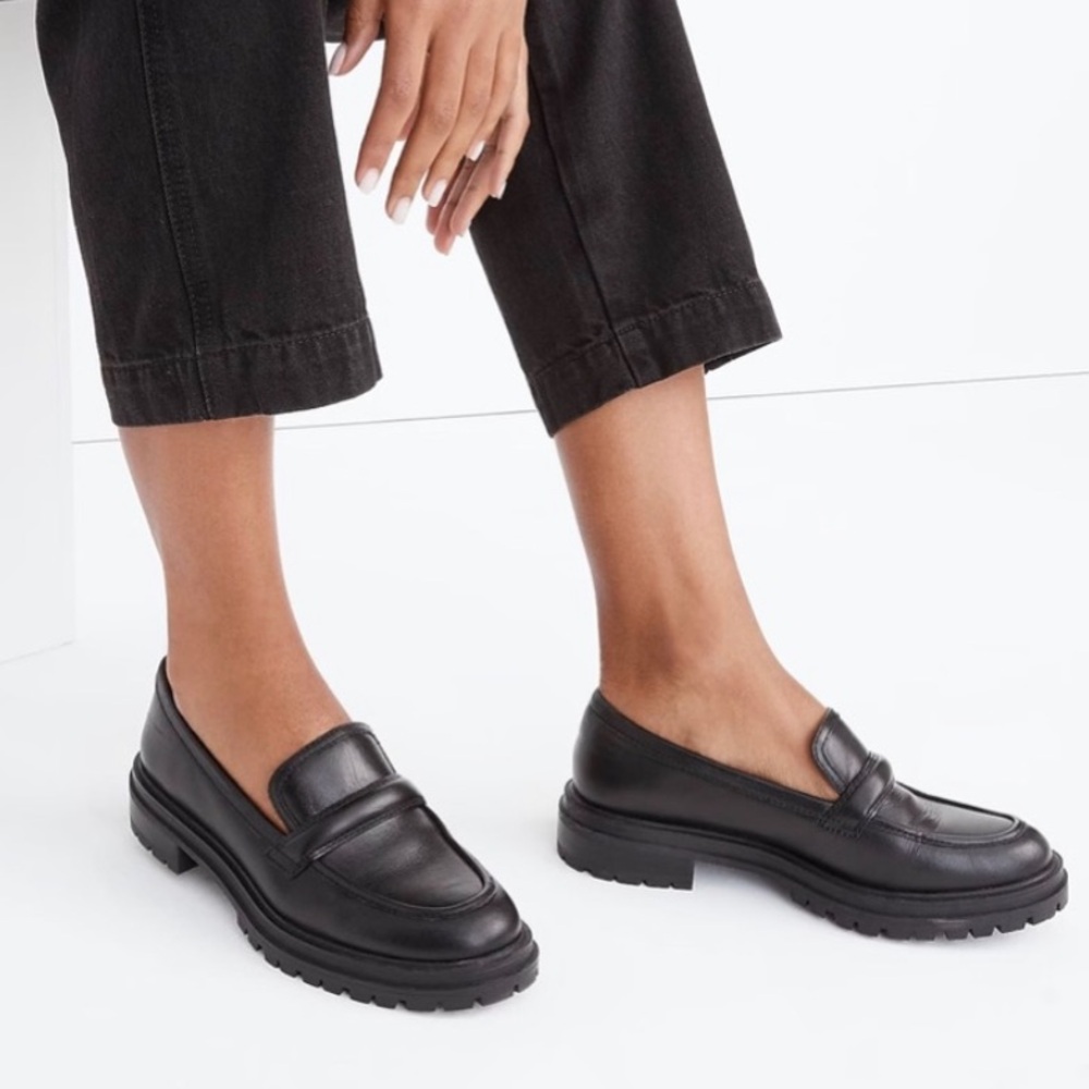 Madewell Black Leather Lug Sole Penny Loafers
